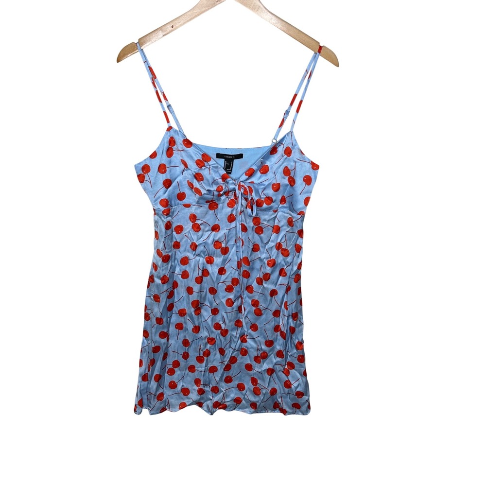 NWT Forever 21 Womens Cherry Print Slip Mini Dress size Medium Blue/Red